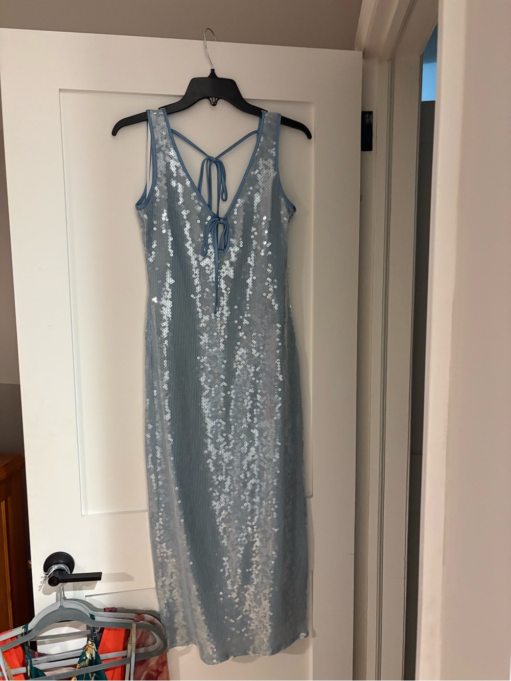 Kenneth Cole Light Blue Sequin Maxi Dress with Tie-Back